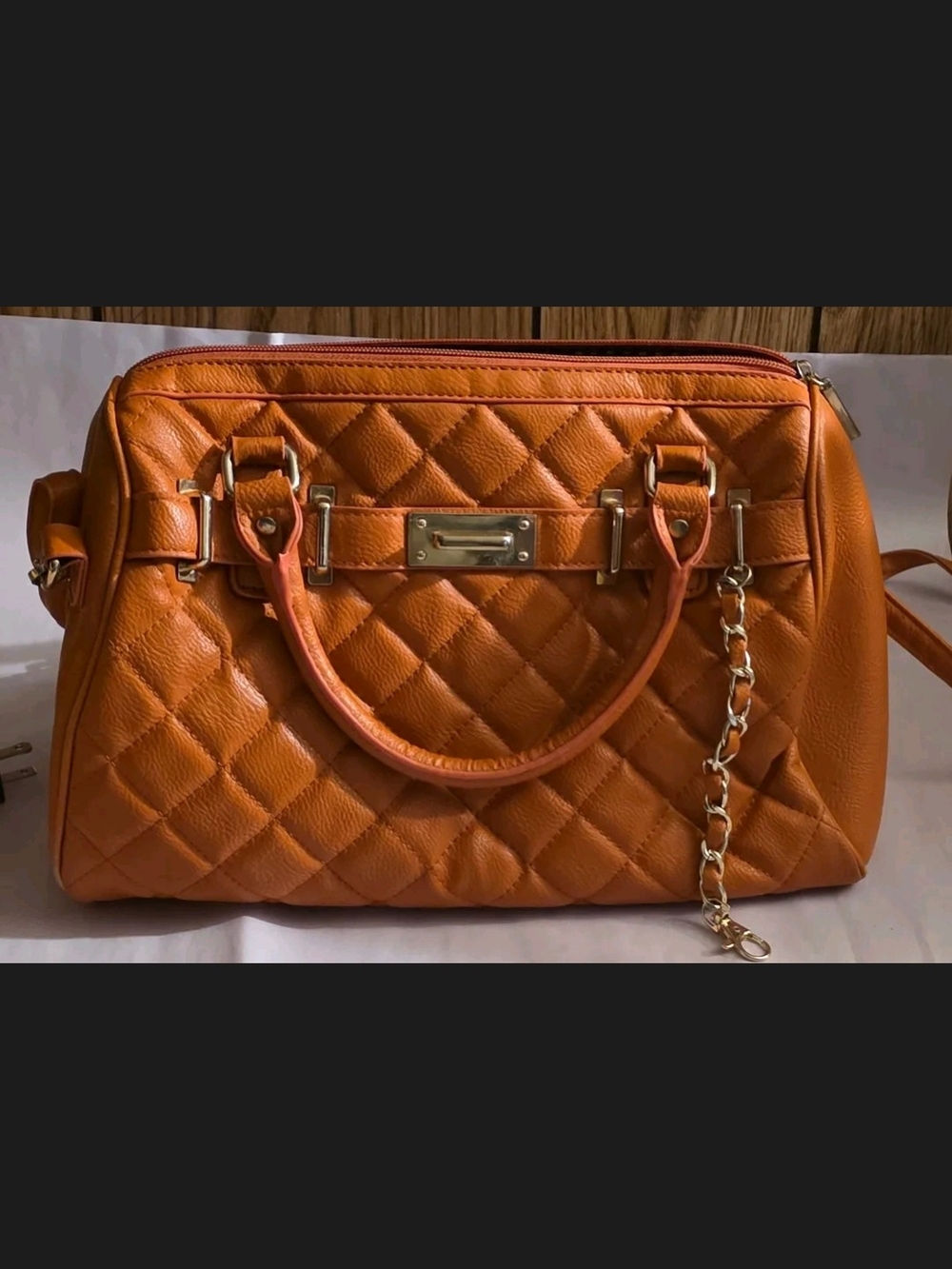 Quilted Orange Satchel Handbag with Gold Hardware